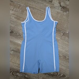 Blue Scoop Neck Athletic Romper with White Trim